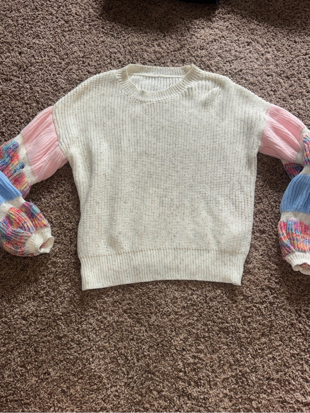 Ivory Sweater with Pink & Blue Colorblock Balloon Sleeves - Picture 1 of 3
